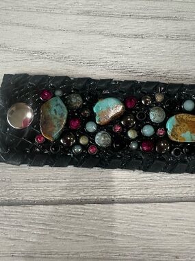 Embellished Black Leather Cuff with Turquoise and Raspberry Gems